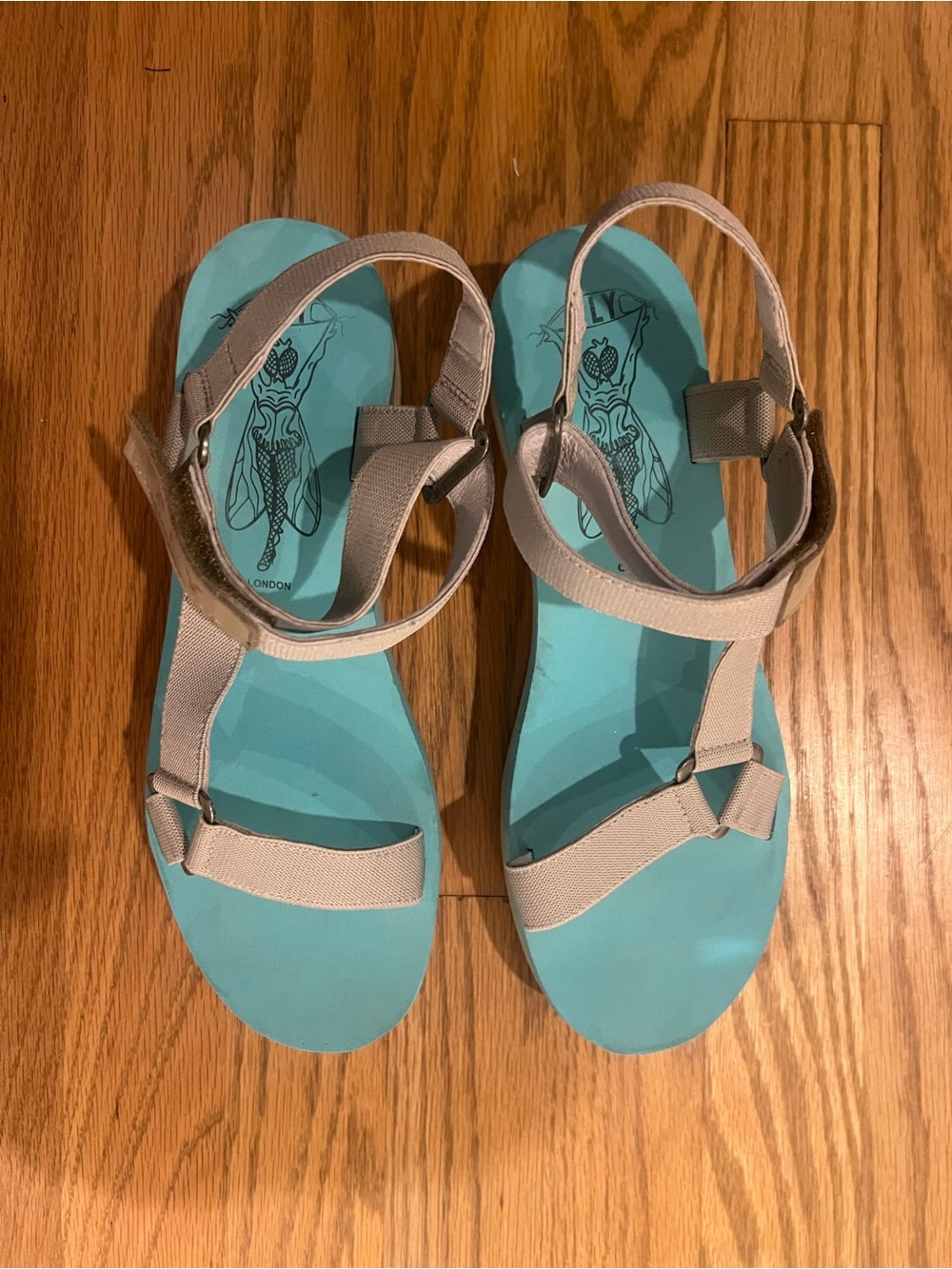 Fly London Teal Footbed Sandals with Beige Straps